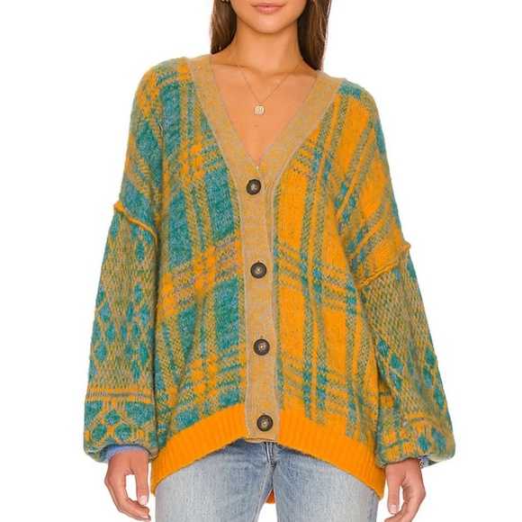 NWT Free People Sepia Cardigan Large Marigold Sky Combo - Picture 3 of 9